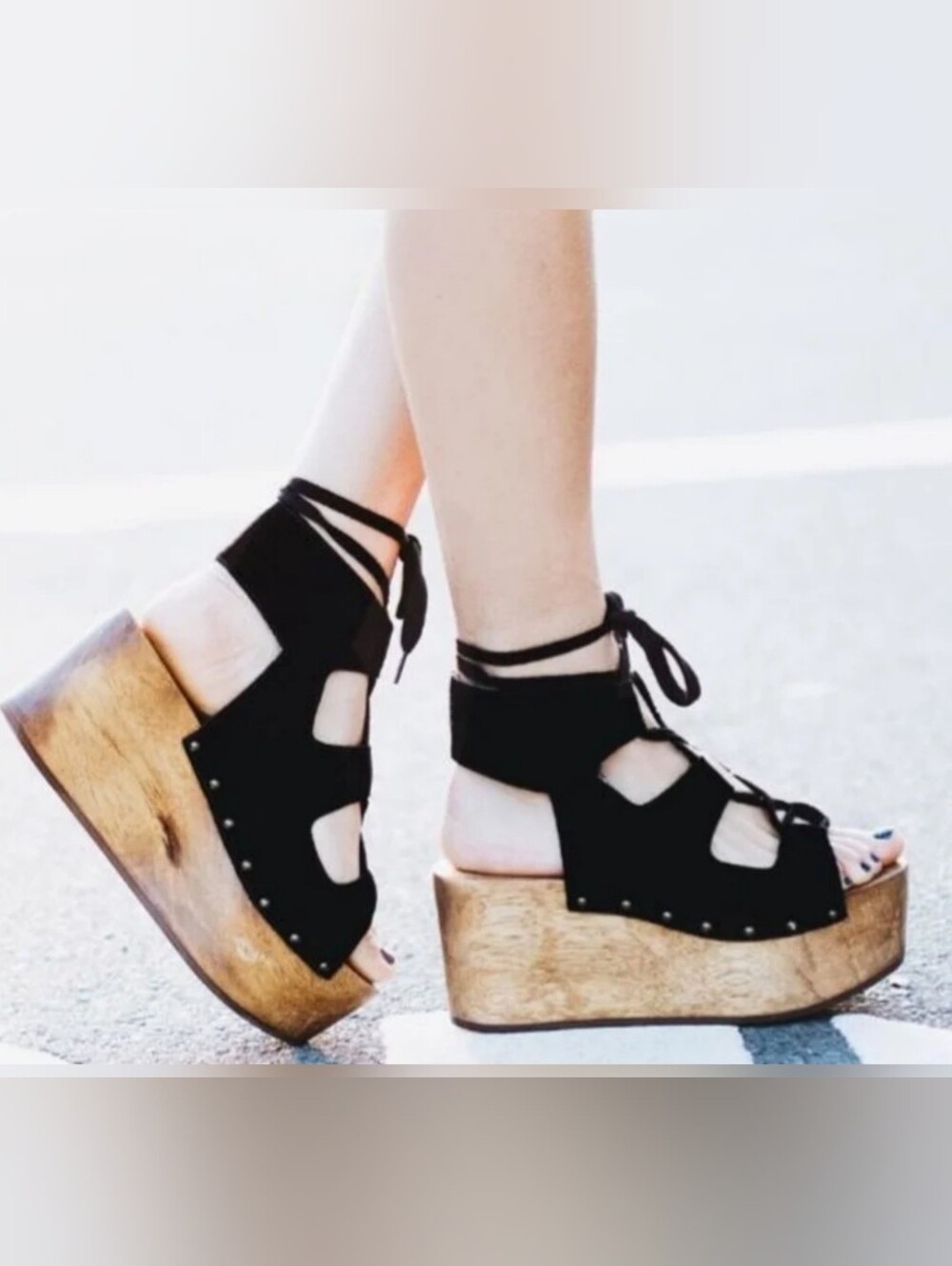 Kelsi Dagger Brooklyn Lace-Up Suede Wooden Platform Wedges 9